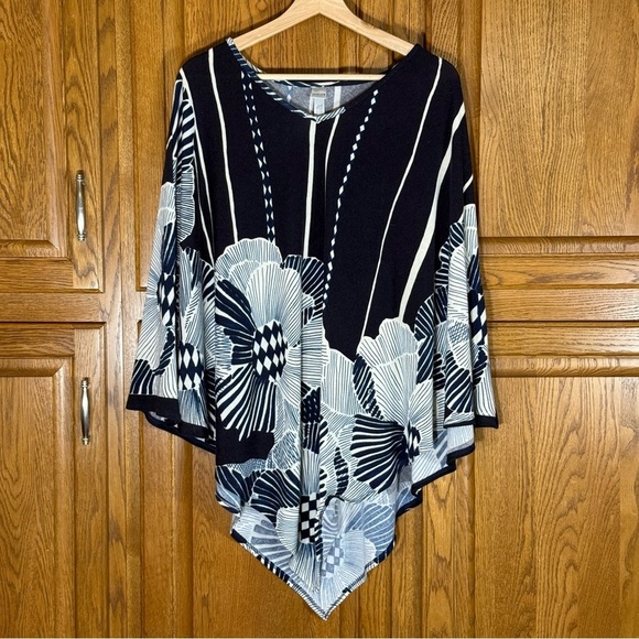Chico's Tops - Chico’s Navy Floral Asymmetrical Poncho Top Blue White One Size